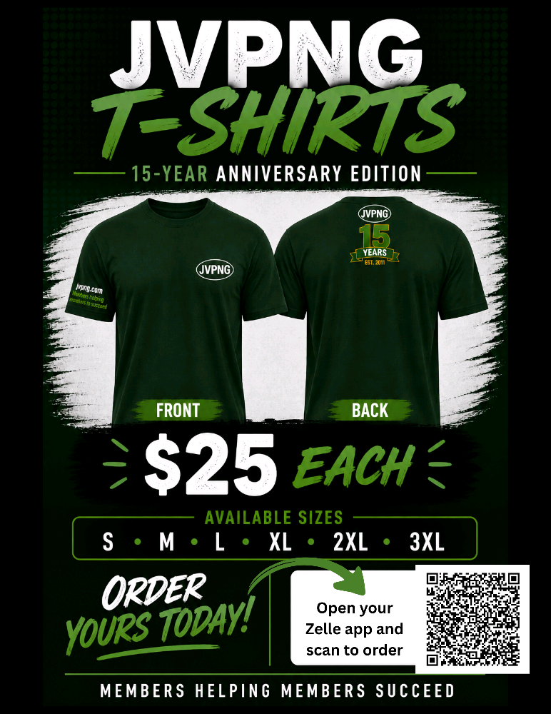 JVPNG T-Shirts, 15-Year Anniversary Edition, $25 each, sizes S through 3XL. Open your Zelle app and scan to order.